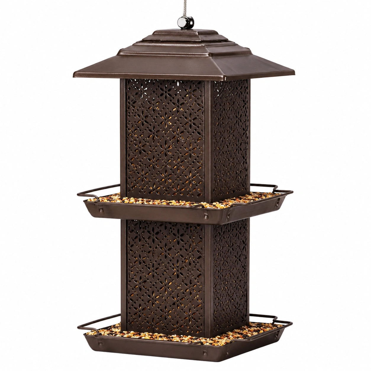 Vogelfutterspender 25 x 25 x 43 cm aus Metall Braun zum Aufhängen mit zwei Futterschalen