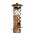 Hänge-Vogelfutterspender 17 cm Durchmesser 35 cm Höhe Metall Bronze mit Sichtbehälter und Sitzstangen