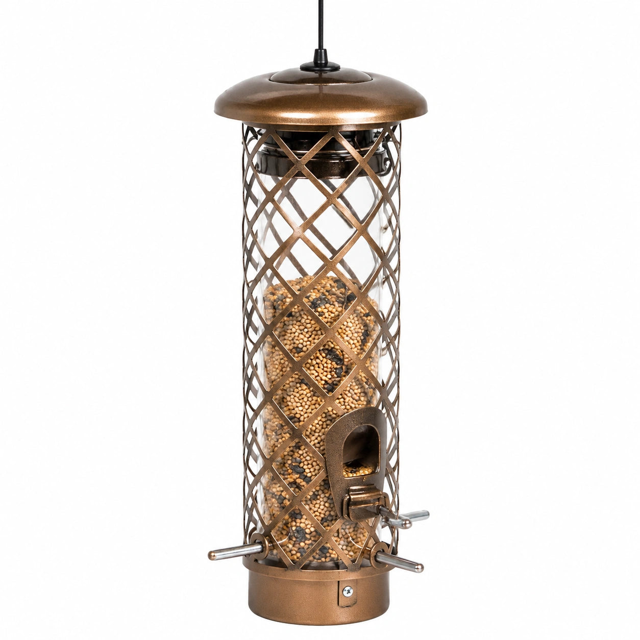 Hänge-Vogelfutterspender 17 cm Durchmesser 35 cm Höhe Metall Bronze mit Sichtbehälter und Sitzstangen