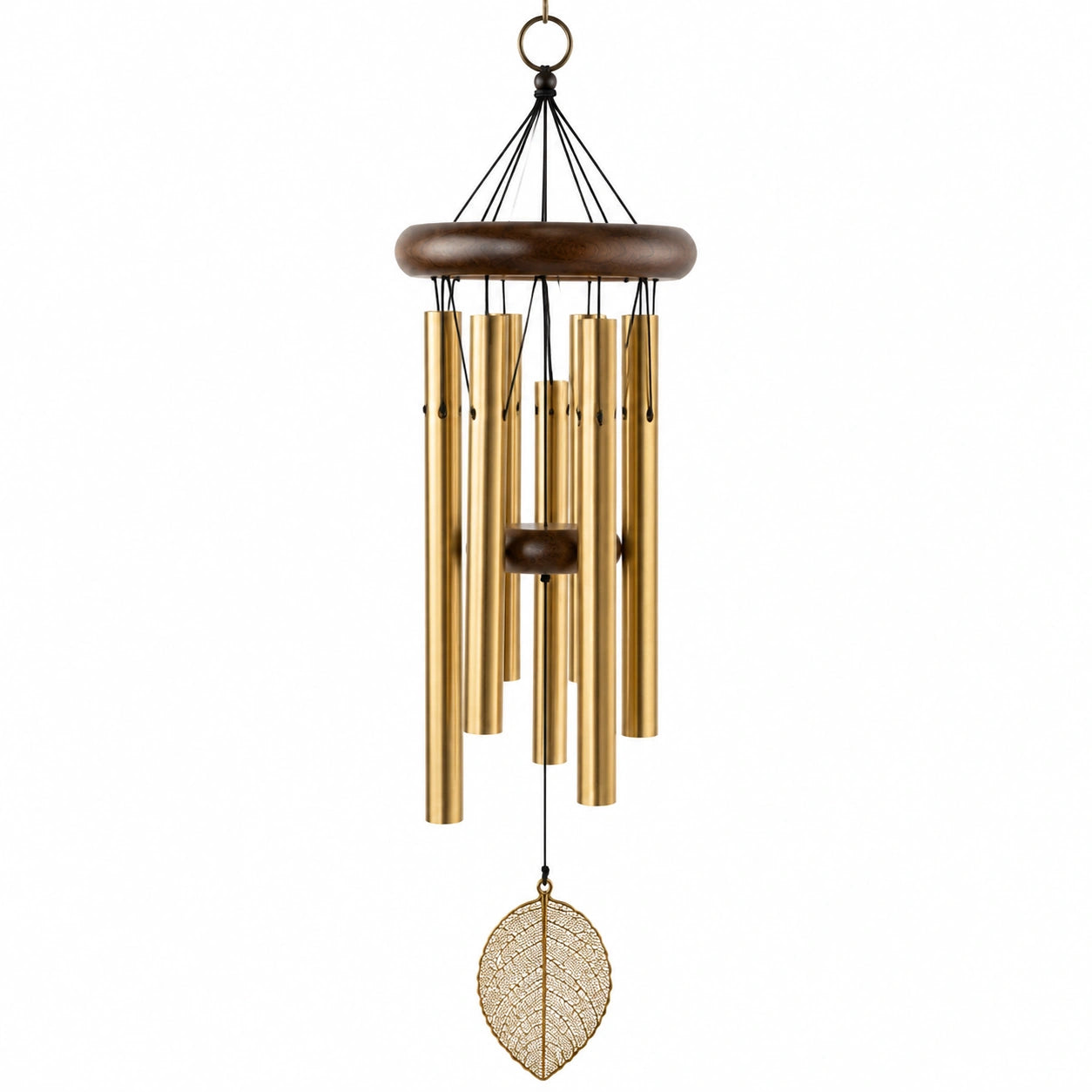 Windspiel 90 cm aus Metall und Holz in Gold Braun mit Blattanhänger