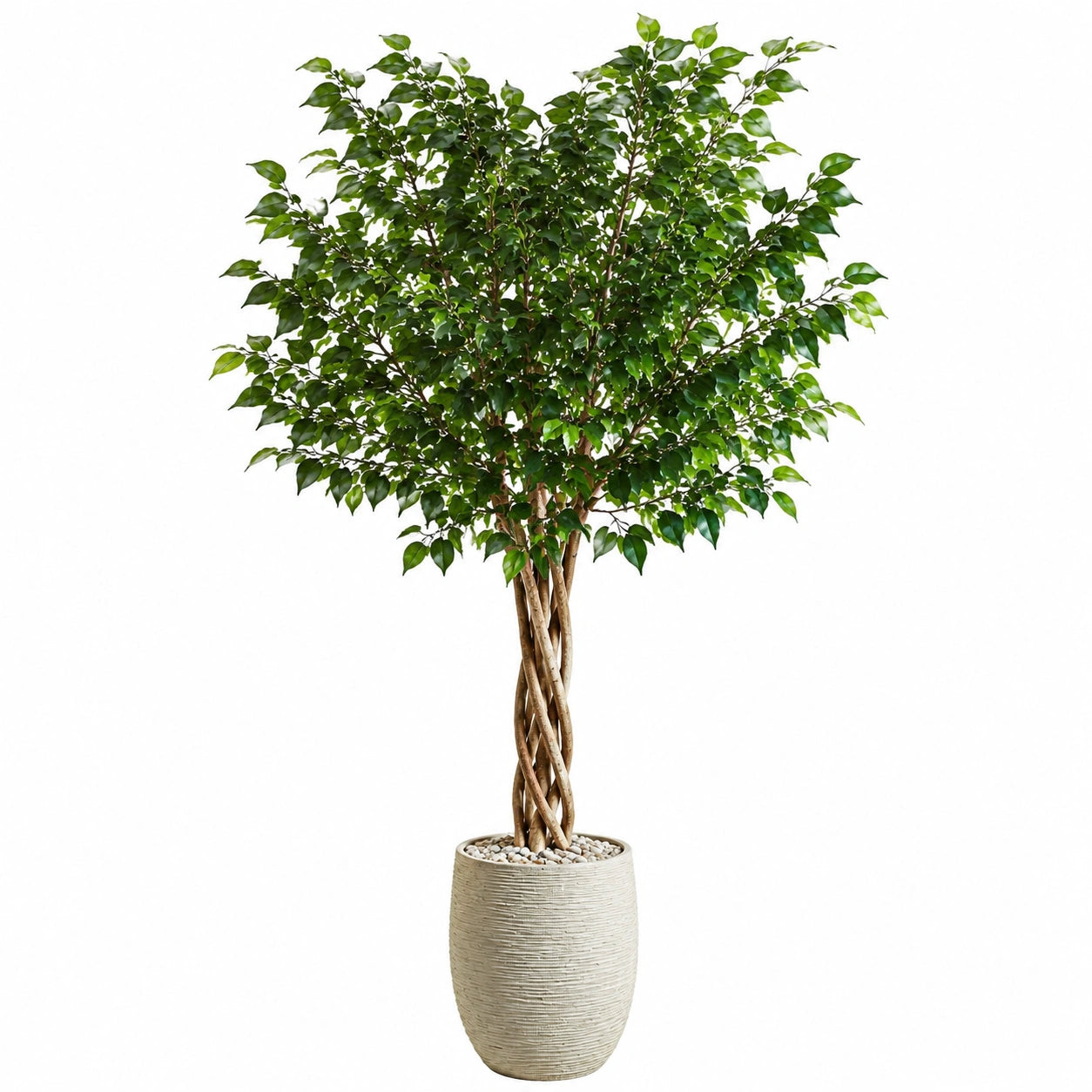 Künstlicher Ficusbaum 180 cm Grün mit geflochtenem Holzstamm im Topf für Innenräume