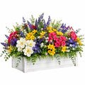 Künstliche Topfpflanze 60 x 40 cm bunte Textilblumen im weißen Holzpflanzkasten für Innenräume