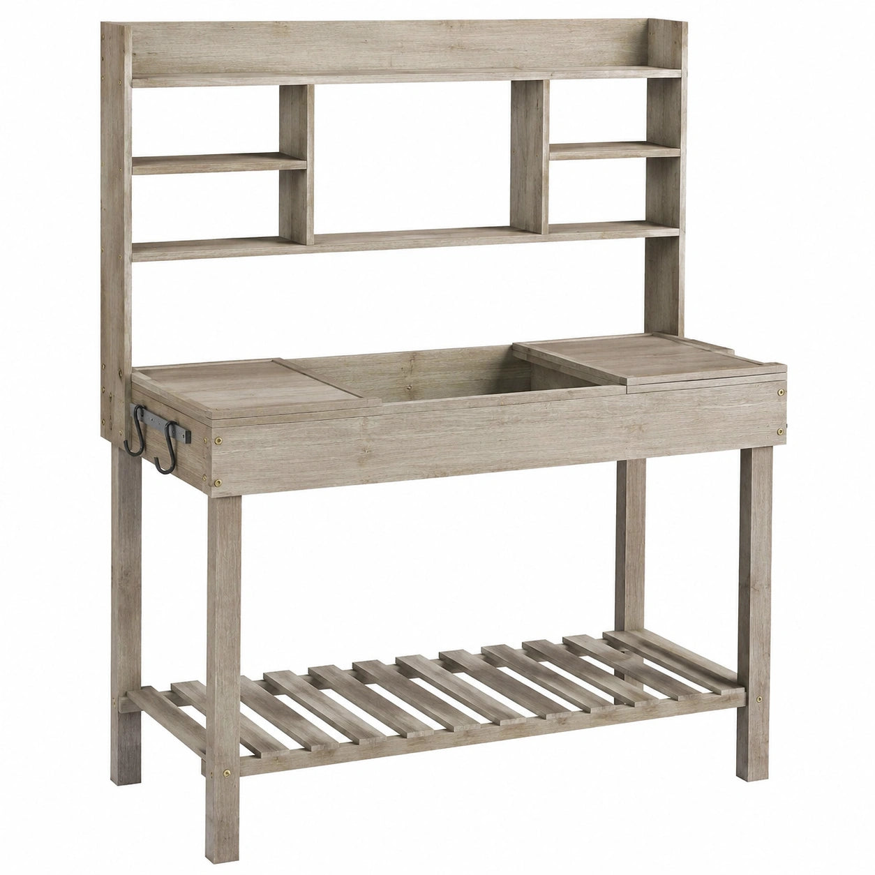 Gartenarbeitstisch 110 x 50 x 140 cm Holz grau mit Ablagen und Stauraum