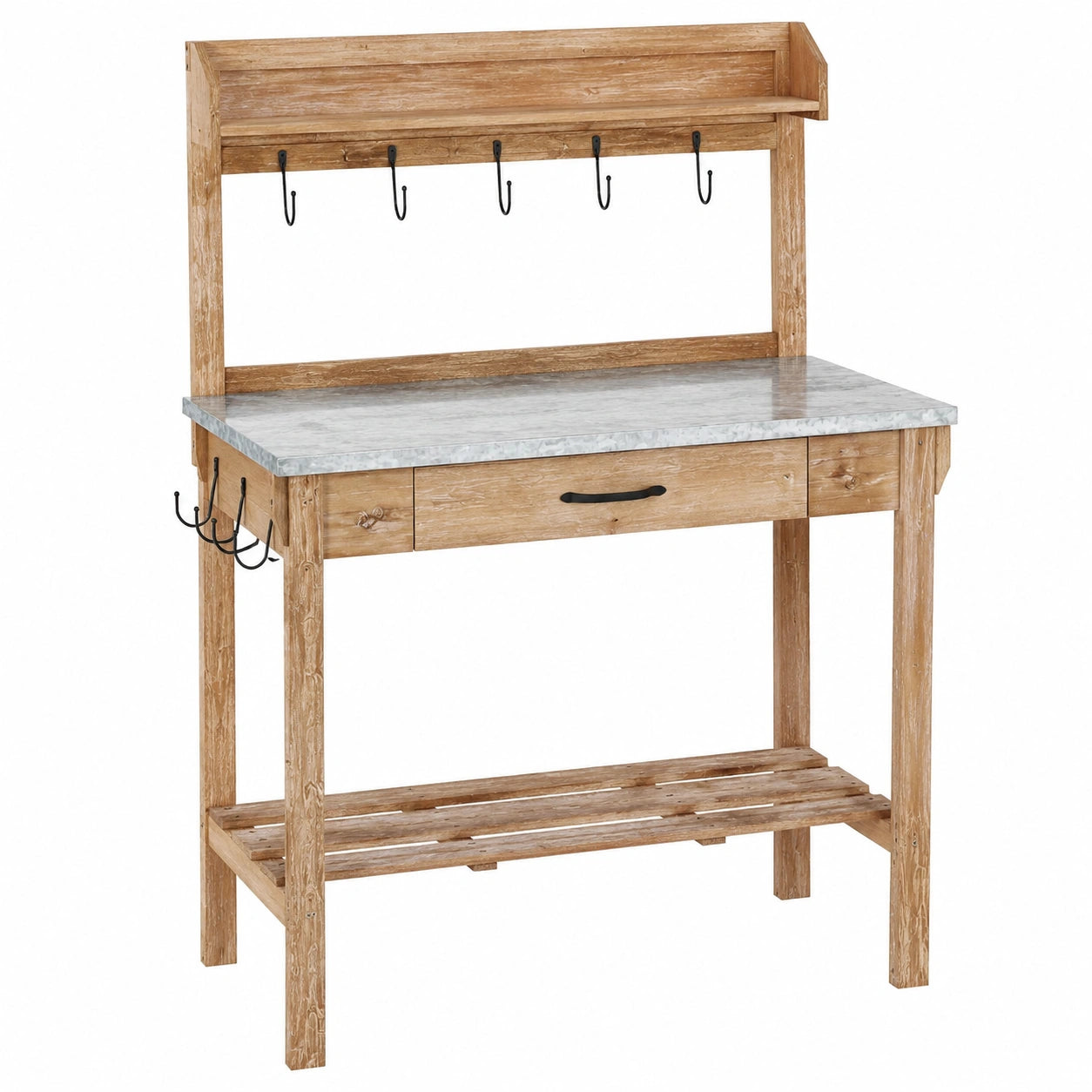 Gartenarbeitstisch 115 x 48 x 170 cm Holz Natur mit verzinkter Arbeitsplatte und Haken