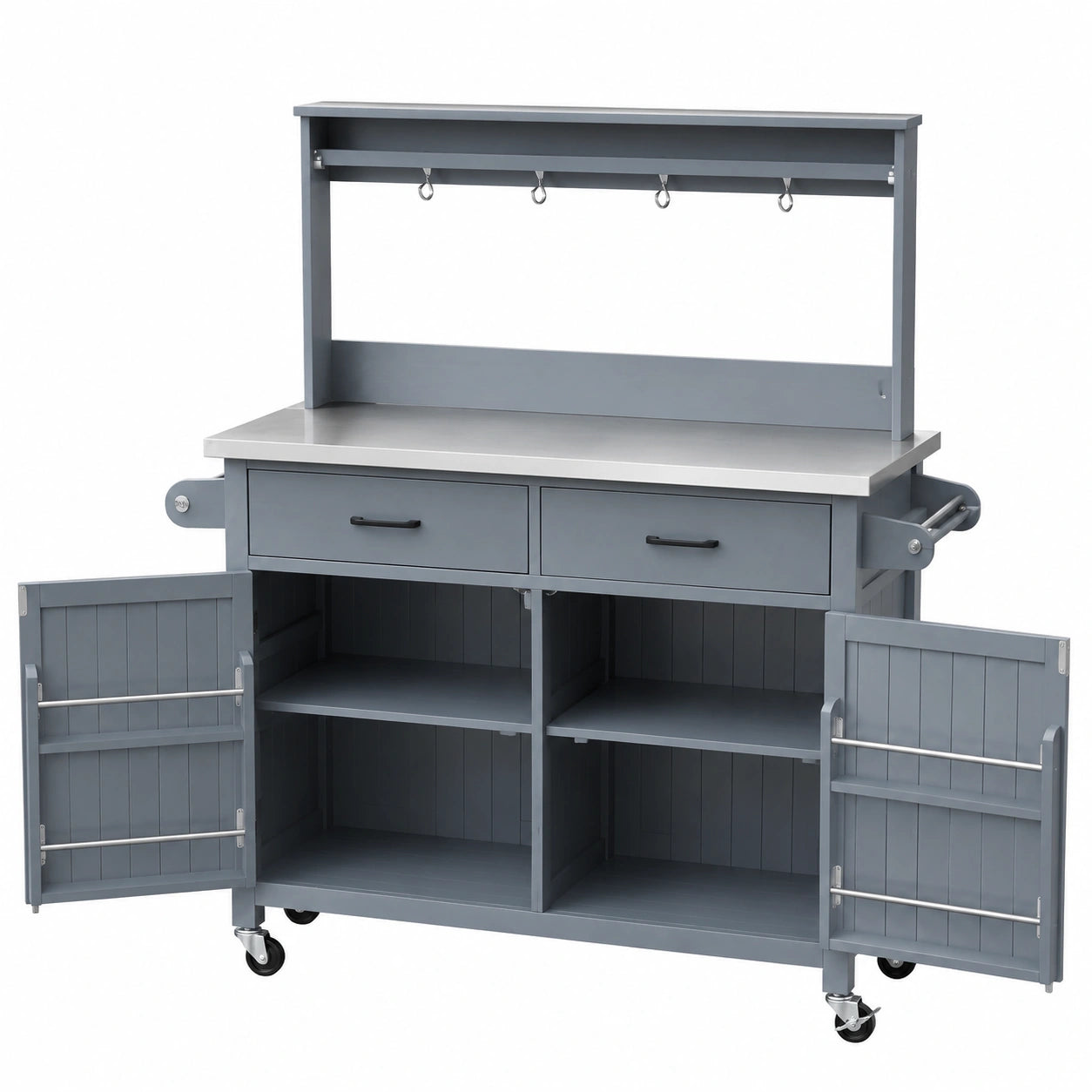 Gartenarbeitstisch 120 x 55 x 170 cm aus Holz Grau mit Metallarbeitsplatte Rollen und Stauraum